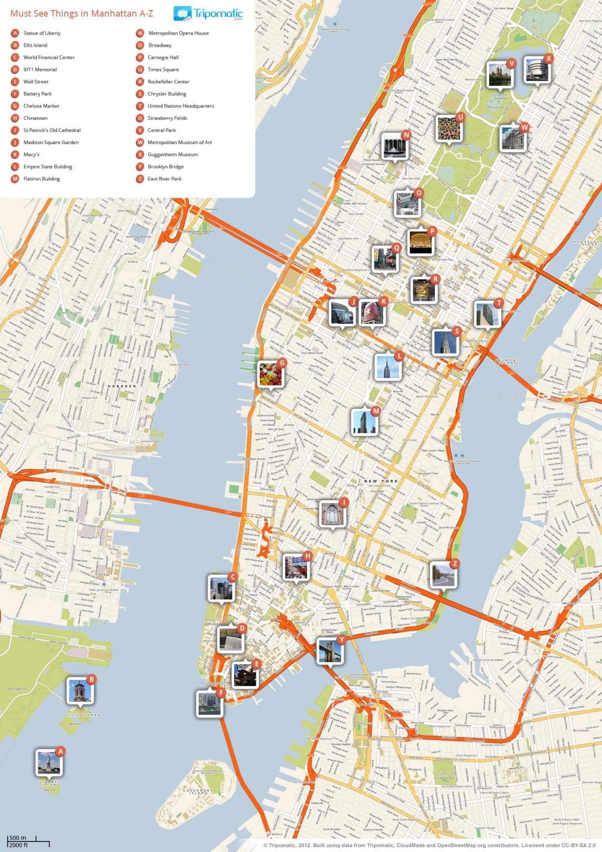 mapa ng Manhattan ng pagpapakita ng mga pinupuntahan ng mga turista