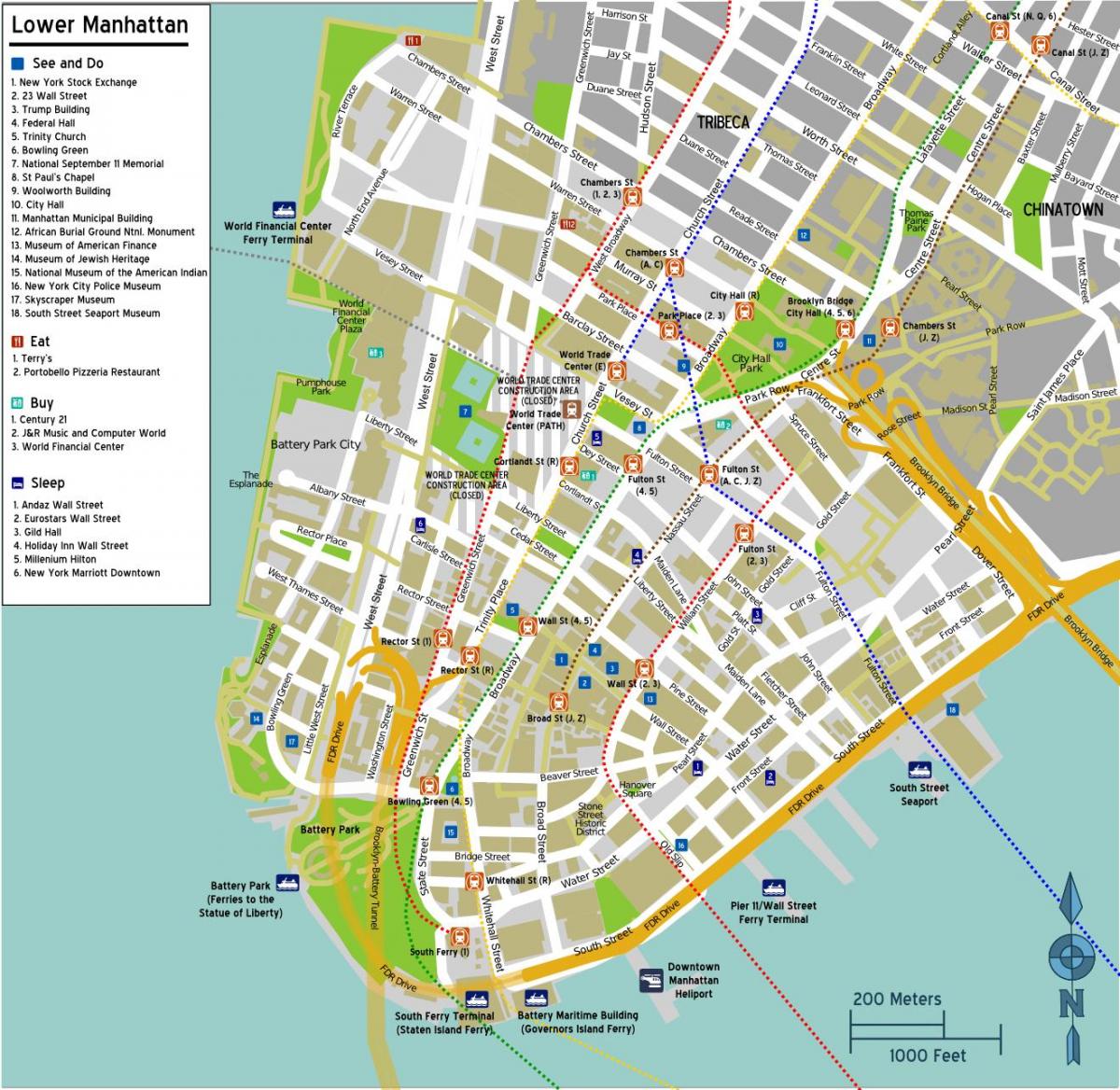 mapa ng lower Manhattan na may mga pangalan ng kalye