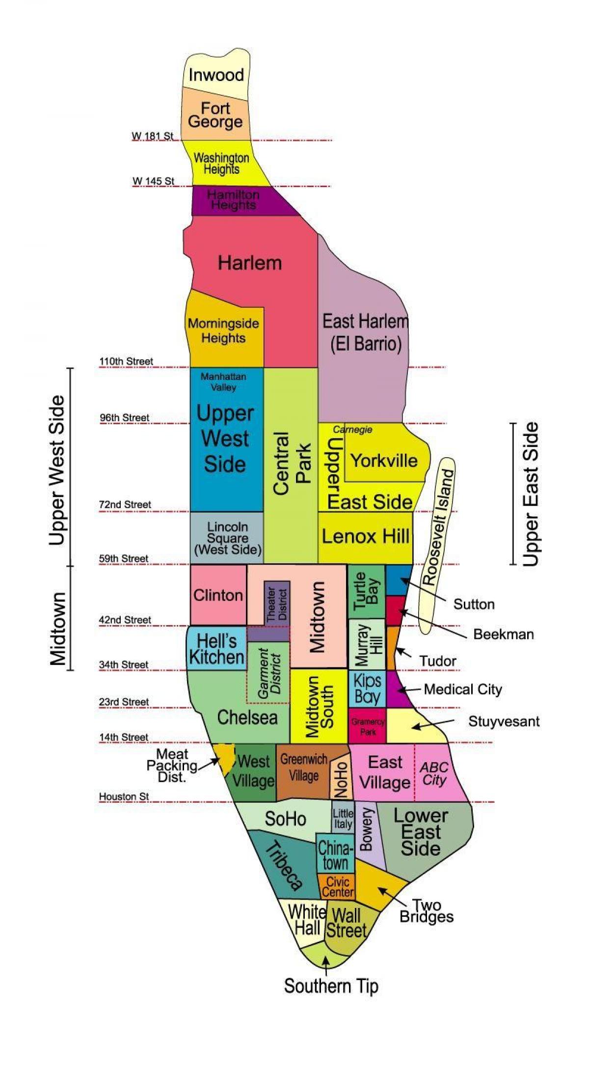 napi-print na mapa ng Manhattan kapitbahayan